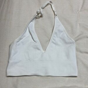 White Halter Neck Ribbed Crop Top